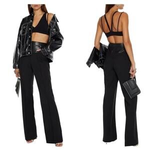 HELMUT LANG Garter Leather-Paneled Twill Straight-Leg Pants size 12
